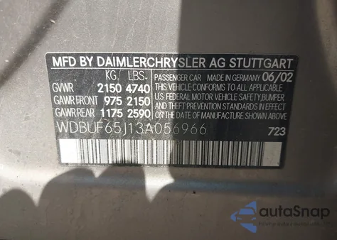 2003 Mercedes-Benz E 320 из США, поврежденный, VIN WDBUF65J13A056966